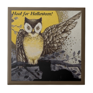 Azulejo De Cerâmica Vintage Night Owl Wing em Branch Moon