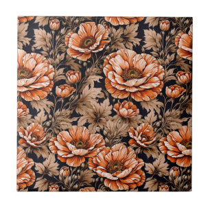 Azulejo De Cerâmica Vintage Orange Poppy Floral Black