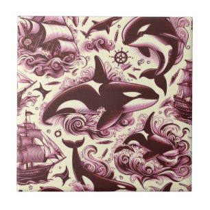 Azulejo De Cerâmica Vintage Orca Náutica Sem Costura