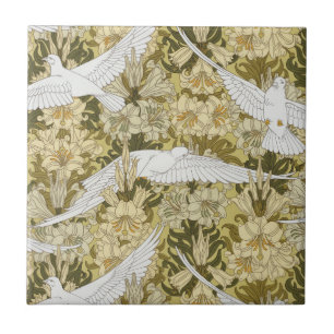 Azulejo De Cerâmica Vintage padrão floral Dove & Lily em verde sálvia