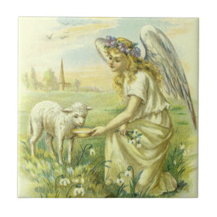 Azulejo De Cerâmica Vintage Páscoa religiosa Anjo Vitoriano com Lamb