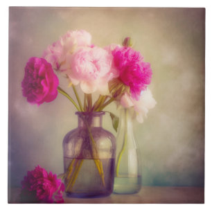 Azulejo De Cerâmica Vintage Peony Buquê em Vaso de Vidro