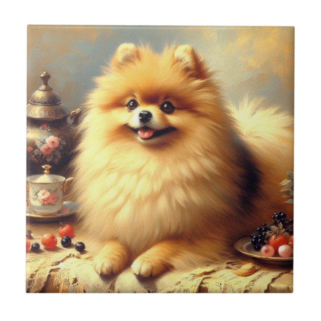 Azulejo De Cerâmica Vintage Pomeranian - Pintura de cães (Frente)