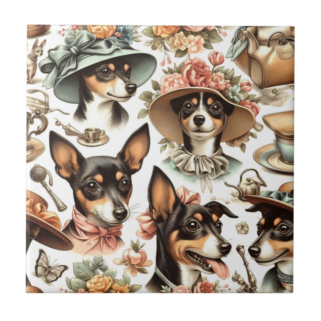 Azulejo De Cerâmica Vintage Rat Terrier Seamless (Frente)