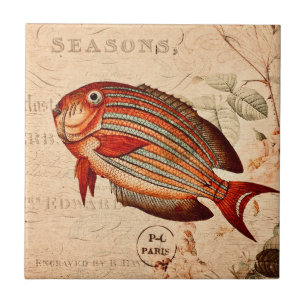 Azulejo De Cerâmica Vintage Red Fish Floral Ilustração