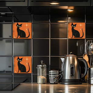 Azulejo De Cerâmica Vintage Retro MCM Black Cat Stars Laranja Preto