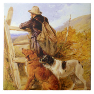 Azulejo De Cerâmica Vintage Richard Ansdell The Gamekeeper Dogs Ouro