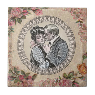 Azulejo De Cerâmica Vintage Romance Casal: Antigos Rosas Apaixonados G