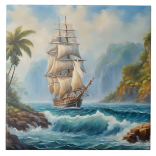 Azulejo De Cerâmica Vintage Sail Ship perto de Tropical Island