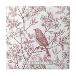 Azulejo De Cerâmica Vintage Sakura Cherry Blossom & Bird Aestética 1
