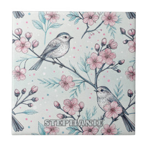 Azulejo De Cerâmica Vintage Sakura Cherry Blossom & Bird Aestética 4