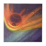 Azulejo De Cerâmica Vintage Science Ficting, Foguete Brilhante no Espa<br><div class="desc">Ilustração vinda do espaço exterior futurista e planetas Science Fiction imagem apresentando um foguete redondo no espaço orbitando um planeta e voando sobre as estrelas. É um brilho de cores vermelhas,  amarelas e laranja,  reflexo do sol. Um 50 de quadrinhos retrô clássico e design de ficção científica de transporte.</div>