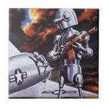 Azulejo De Cerâmica Vintage Science Ficting Soldados Robôs Militares<br><div class="desc">Imagem de robô militar com Ficção Científica futurista Vintage. Um soldado alienígena hostil segurando uma espingarda e em frente a uma aeronave ou avião militar com uma estrela. Ele está num planeta desolado pronto para entrar em guerra com fumaça, fogo e explosões. Hora de lutar e lutar contra os aliens...</div>