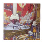 Azulejo De Cerâmica Vintage Science Fiction, a Cidade Perdida de Atlan<br><div class="desc">Vintage ilustration science fiction image apresenta mulheres alienígenas olhando para uma cidade futurista com uma fonte de água no centro, aliens com lagartos para animais de estimação, arquitetura grega ou romana e uma lua enorme ao fundo. Pode ser a cidade perdida de Atlantis! Uma cena de ficção científica retrógrada do...</div>