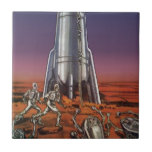Azulejo De Cerâmica Vintage Science Fiction, Astronautas Beetle Aliens<br><div class="desc">Imagem de vintage: viagem de ficção científica futurista e imagem de foguete de transporte. Astronautas correndo até seu foguete escapando de aliens em forma de besouro em um planeta estrangeiro tentando voltar para a terra. Um clássico design de ficção científica de quadrinhos retrógrados do 50 do futuro.</div>