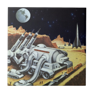 Azulejo De Cerâmica Vintage Science Fiction, Estação Espacial na Lua