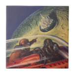 Azulejo De Cerâmica Vintage Science Fiction, Futurística City on Moon<br><div class="desc">Imagem de viagem de ilustração venenosa e ficção científica de transporte apresentando um clássico livro em quadrinhos retrô sci fi espaço e imagem planetária de astronautas ou aliens viajando em uma espaçonave voando sobre uma metrópole futurista na lua.</div>