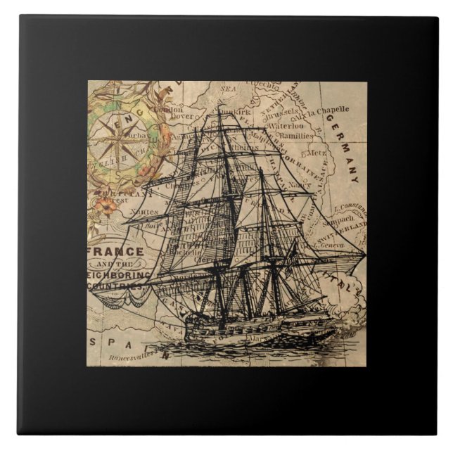 Azulejo De Cerâmica Vintage Ship And Map (Frente)