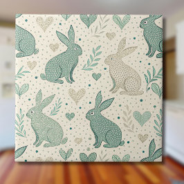 Azulejo De Cerâmica Vintage Simple Bunny Silhouettes Hearts Pattern