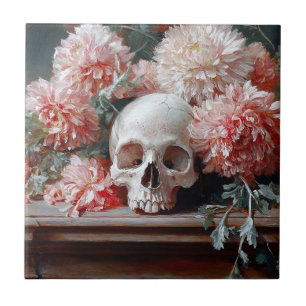 Azulejo De Cerâmica Vintage Skull e Rosa claro Flowers