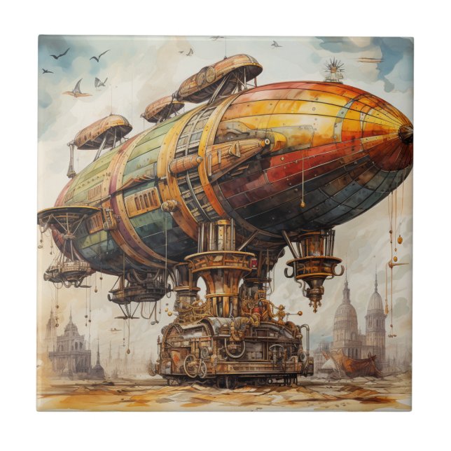 Azulejo De Cerâmica Vintage Steampunk Zeppelin (1) (Frente)