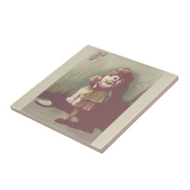 Azulejo De Cerâmica Vintage Storybook Bonito Girl Child with Kitten