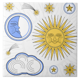 Azulejo De Cerâmica Vintage Sun e Moon