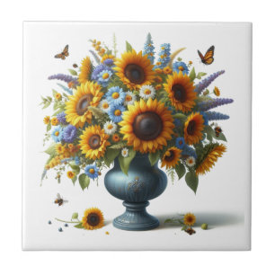Azulejo De Cerâmica Vintage Sunflower em Urn Decorative Cerâmica Azule
