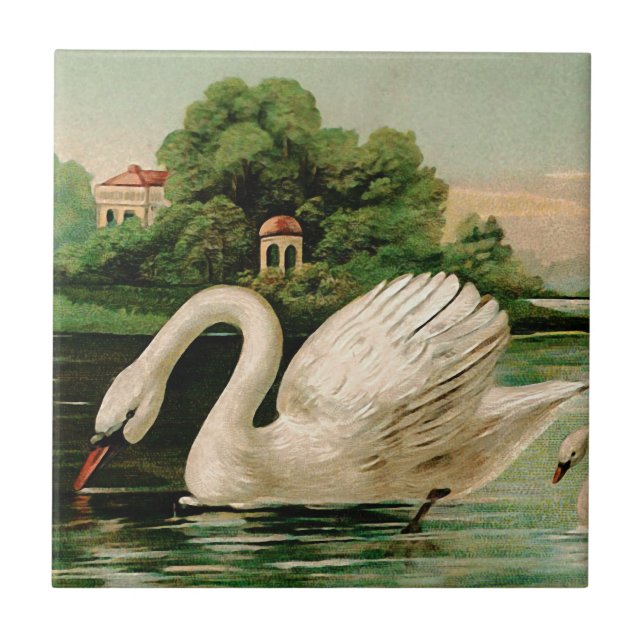 Azulejo De Cerâmica Vintage Swan no lago (Frente)