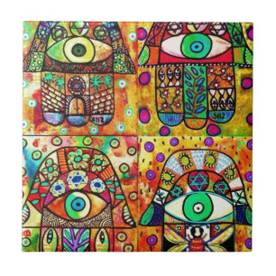 Azulejo De Cerâmica Vintage Tapastry de Hamsa da estrela de David