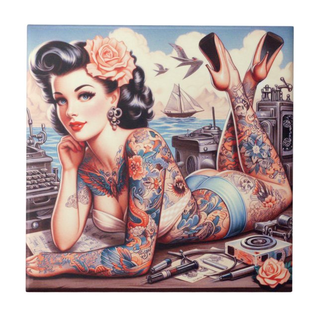 Azulejo De Cerâmica Vintage Tattoo Old School Girl (Frente)