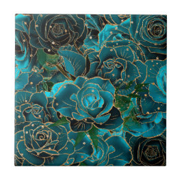 Azulejo De Cerâmica Vintage Teal Rosa Glitter Dourado Glam Boho Floral