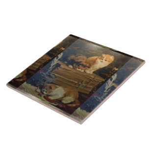 Azulejo De Cerâmica Vintage Van den Eycken Três Gatos em uma Mesa