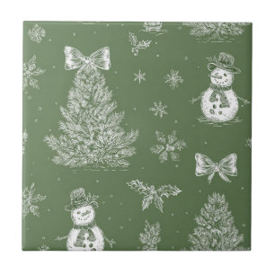 Azulejo De Cerâmica Vintage Verde Salvia Toile de Natal de Inverno (3)