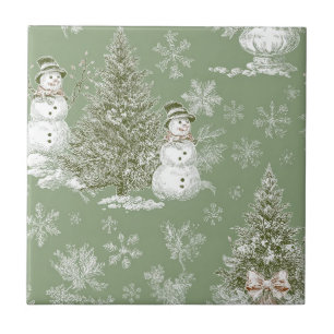 Azulejo De Cerâmica Vintage Verde Salvia Toile de Natal de Inverno (6)