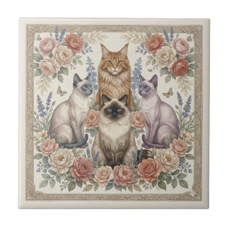 Azulejo De Cerâmica Vintage Victorian Ornamental Floral Feline Art