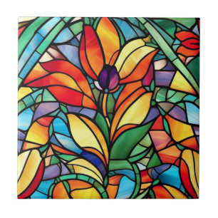 Azulejo De Cerâmica Vintage Vidro Estido Laranja Flor Roxo