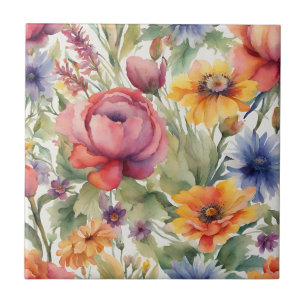 Azulejo De Cerâmica Vintage Watercolor Mistura Flores em Sangue