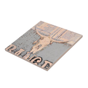 Azulejo De Cerâmica Vintage Western Bull Cinza do crânio Russo