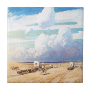 Azulejo De Cerâmica Vintage Western Cowboys, Vagões Cobertos por Wyeth