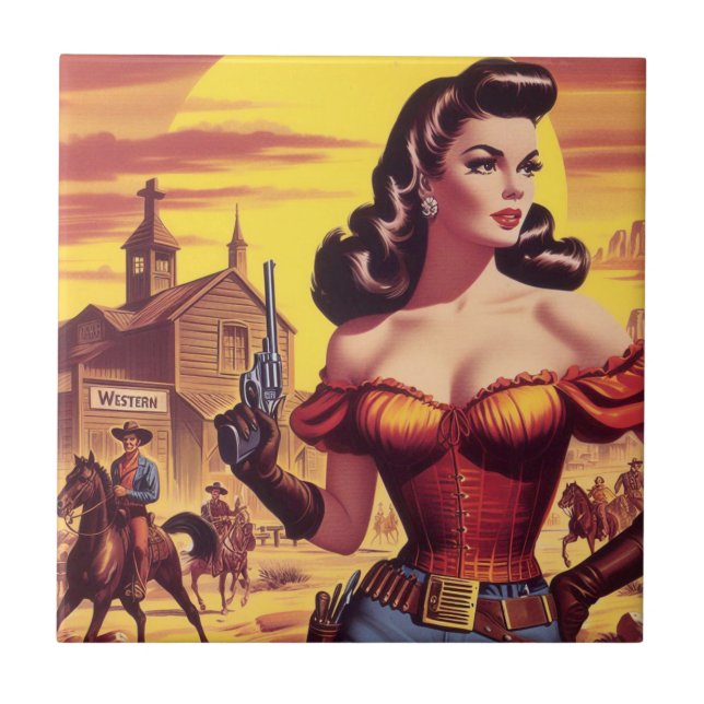 Azulejo De Cerâmica Vintage Western Pin-up (Frente)