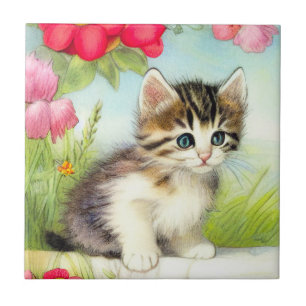 Azulejo De Cerâmica Vintage White e Brown Kitten com Flores
