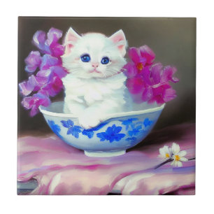 Azulejo De Cerâmica Vintage White Kitten com Flores Rosa