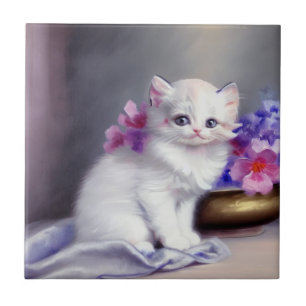 Azulejo De Cerâmica Vintage White Kitten com Flores Rosa e Púrpura