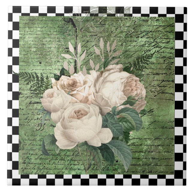 Azulejo De Cerâmica Vintage White Roses & Checkerboard (Frente)