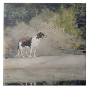 Azulejo De Cerâmica Vintage Winslow Homer Watercolor Dog em um Log