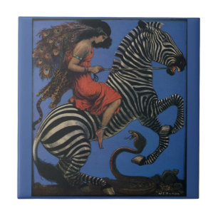 Azulejo De Cerâmica Vintage Zebra Art Nouveau Mulher