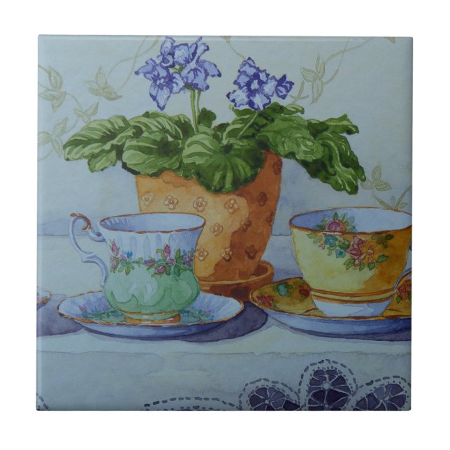 Azulejo De Cerâmica Violeta 6470 africana e Teacups (Frente)