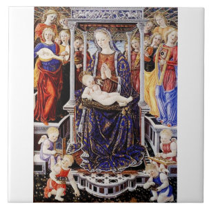 Azulejo De Cerâmica Virgem e Menino Entronizados com Anjo Músico