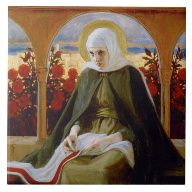 Azulejo De Cerâmica Virgem Maria no Jardim Rosa (Albert Edelsense) (Frente)